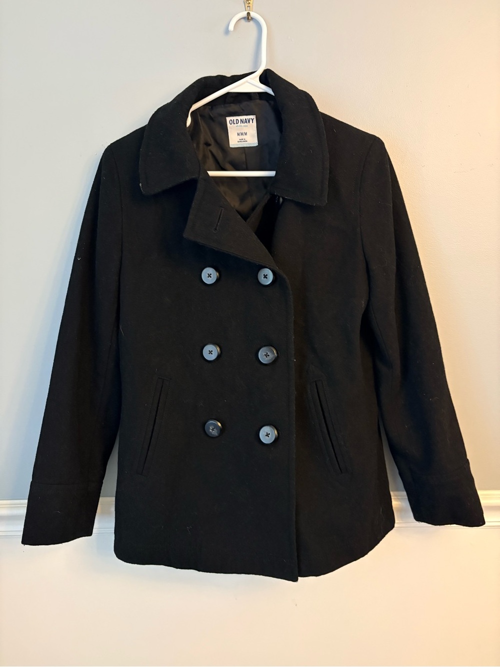 Old Navy Black Wool Blend Double Breasted Pea Coat Jacket Size Medium